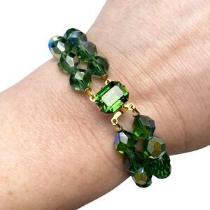 Vintage 1950s Emerald Green AB Crystal Bead Two Strand Bracelet